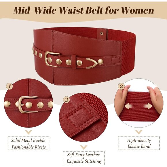 Women Elastic Chunky Stretchy Elegance Belt with Gold Rivets Buckle Daily Red - Picture 4 of 7